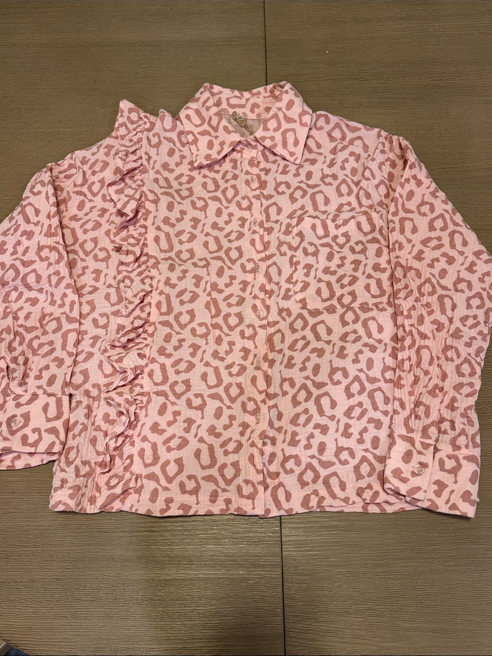 Crinkled Cotton Pink Leopard Print Button-Up Top with a Ruffle on One Dide
